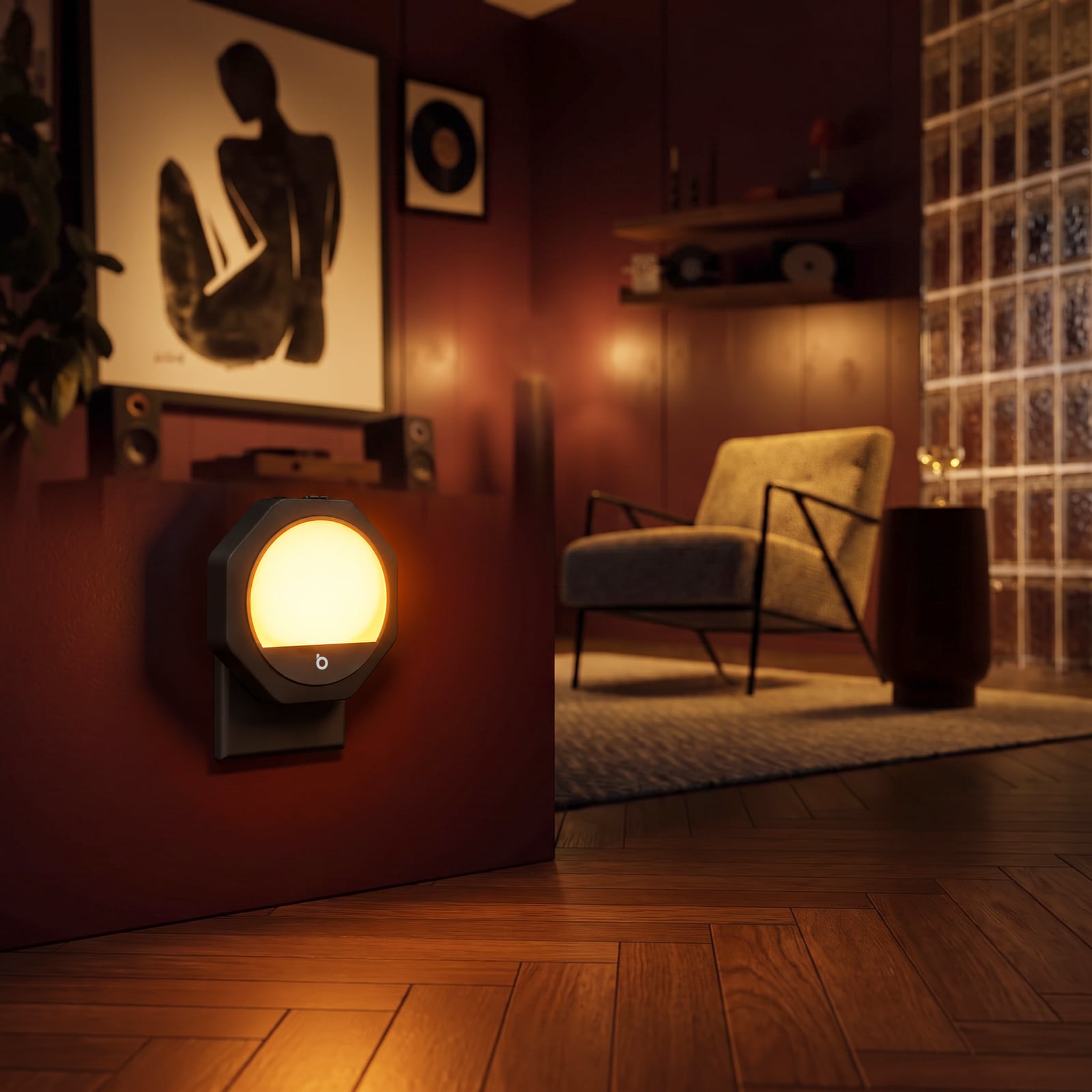 Amber night light glowing in a living room