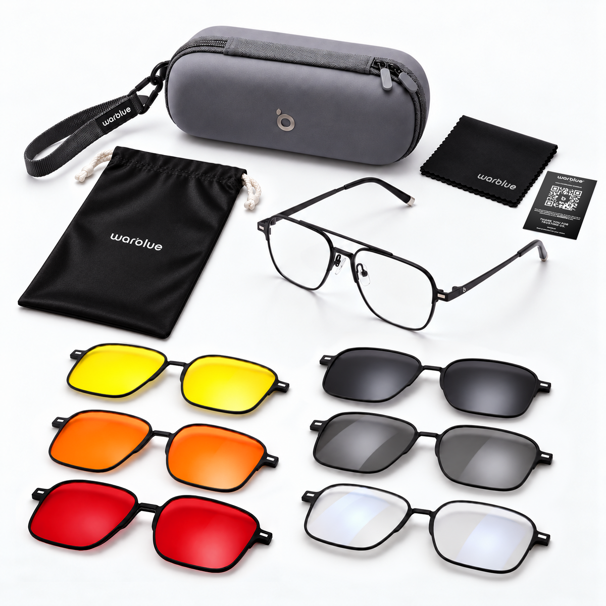 Kit de viaje magnético 6 en 1 – 4 lentes de luz azul + 2 lentes de sol · Apto para graduación