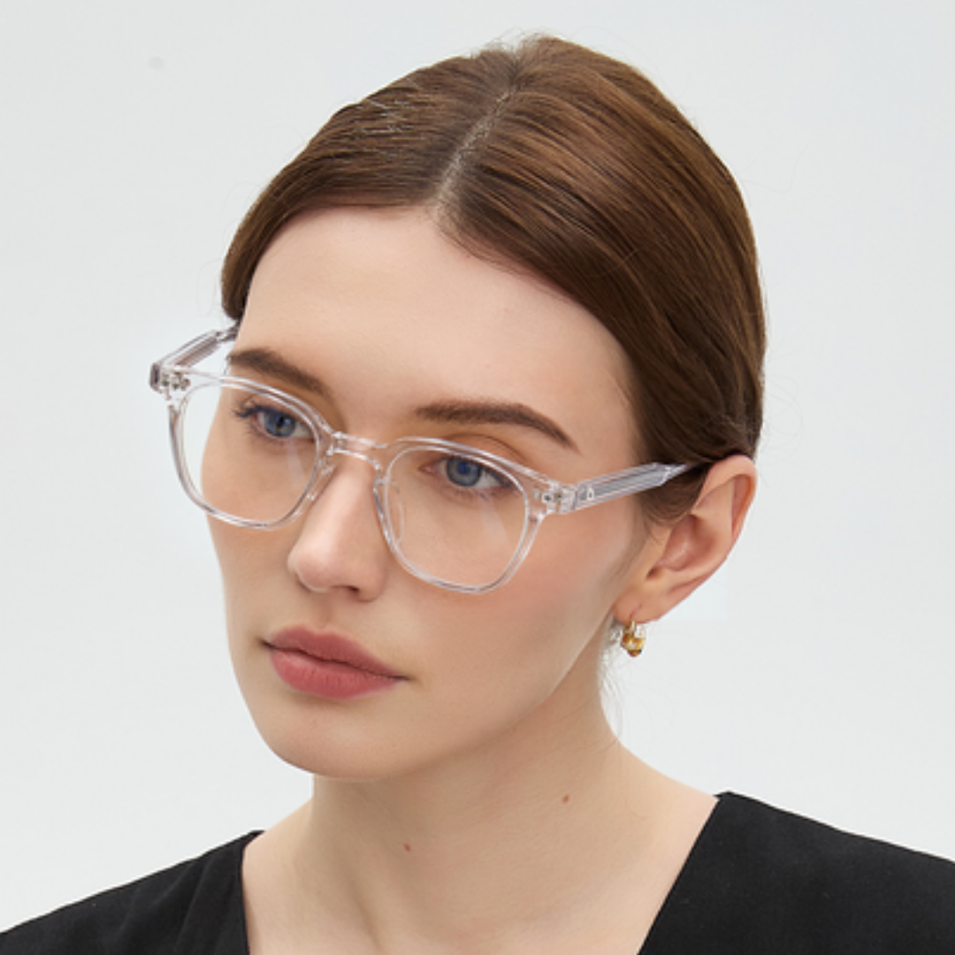 Portrait wearing Edison Crystal glasses, clear lenses, transparent frame