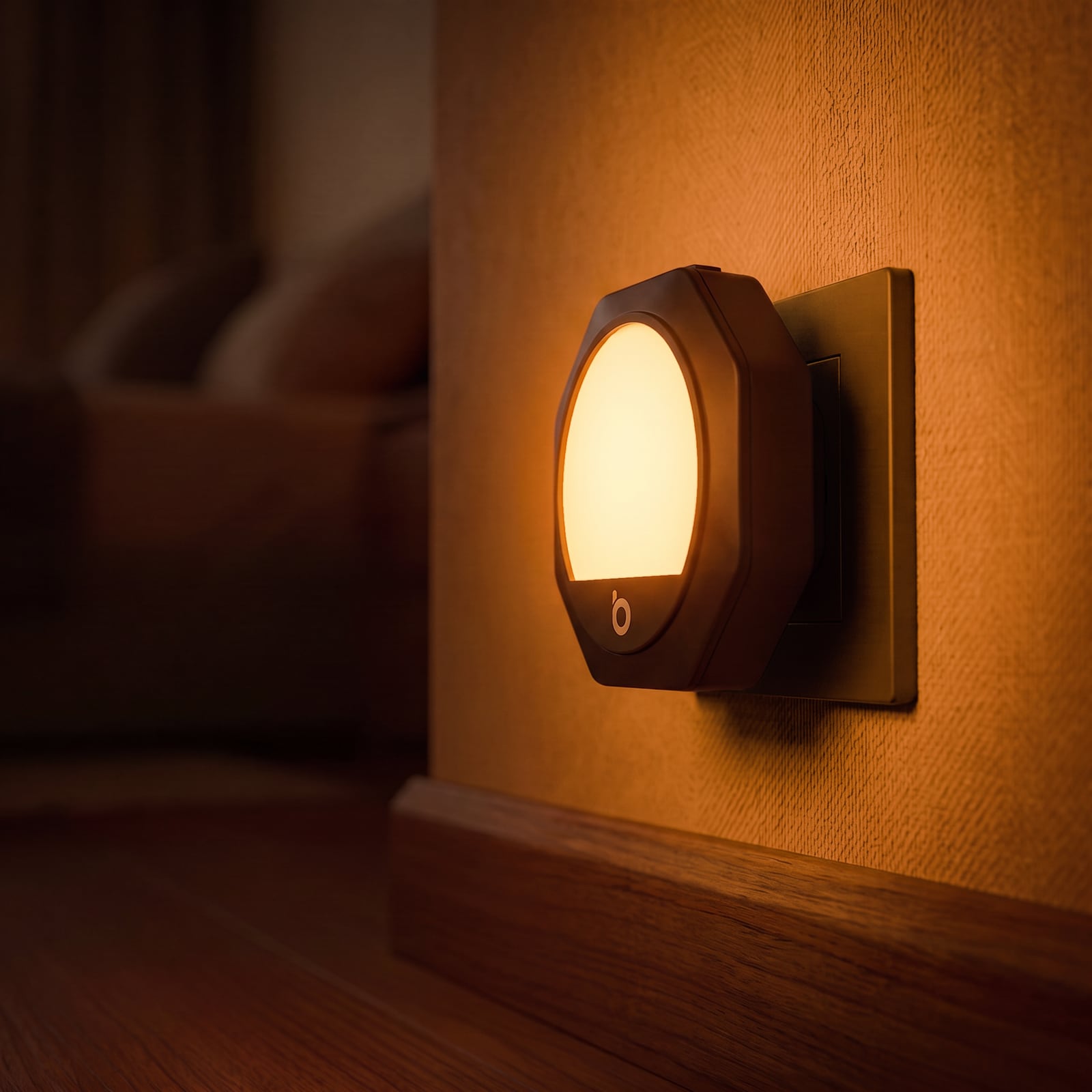 Amber night light on a living room wall