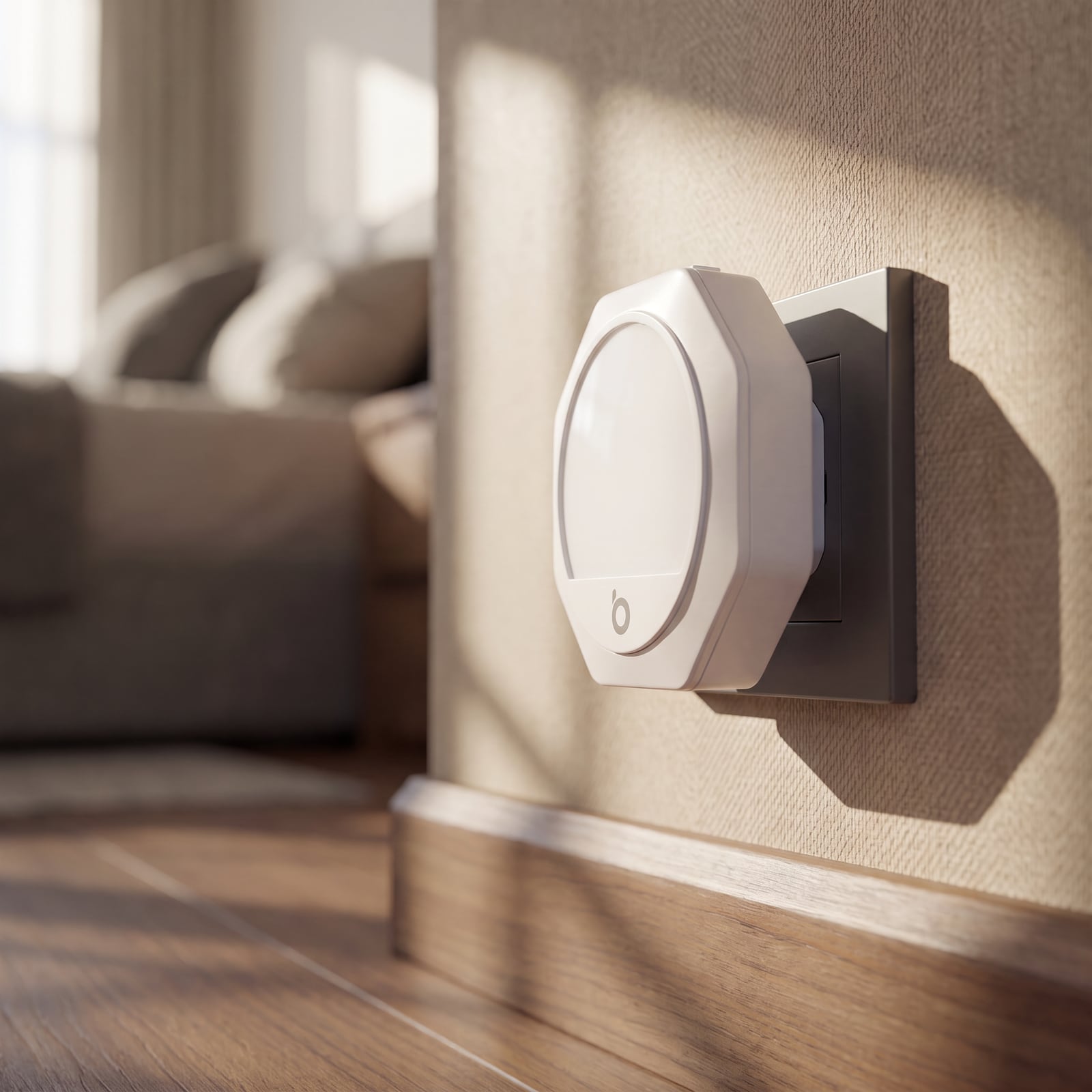 White night light off in daylight on a bedroom wall